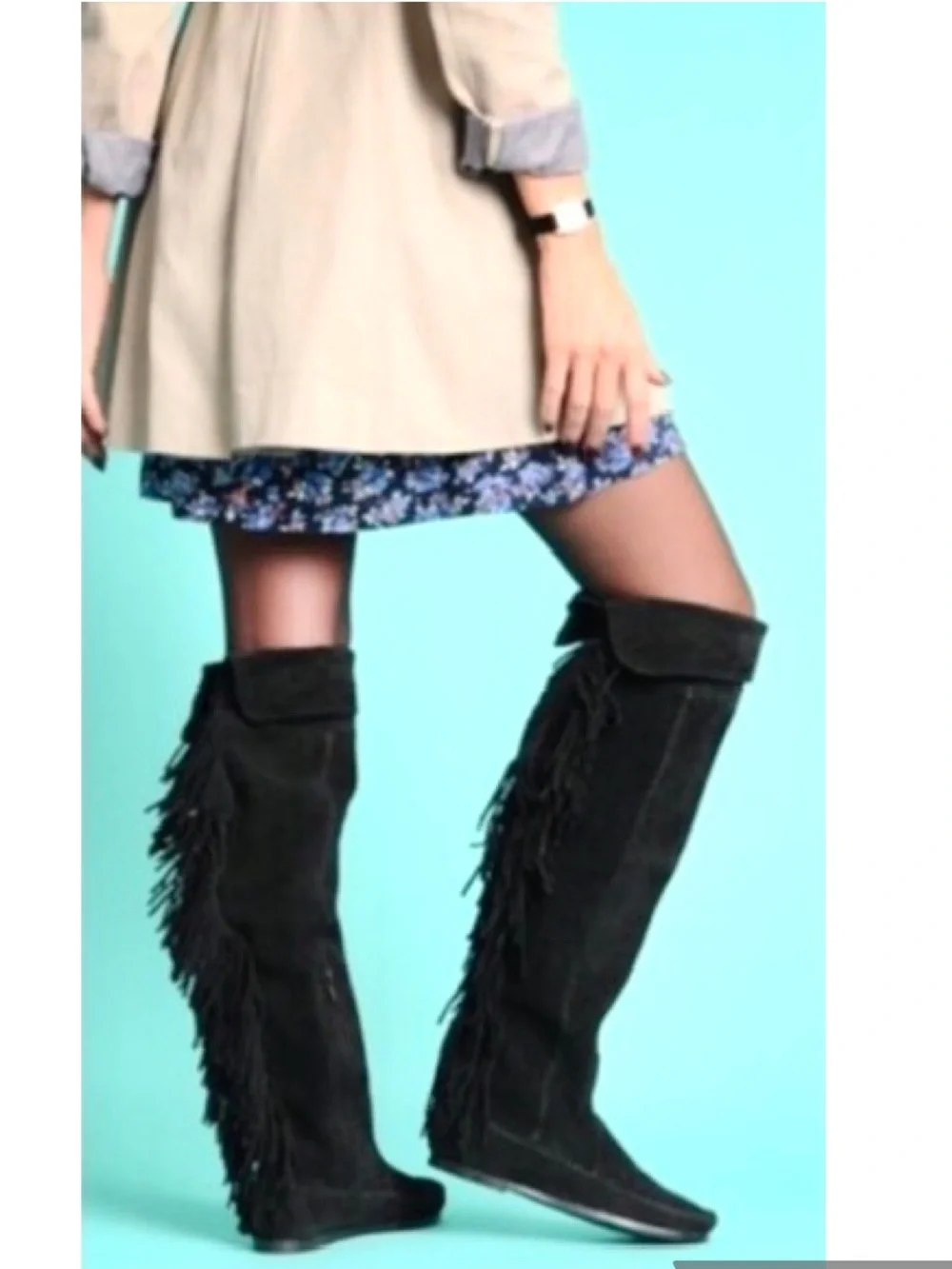 Minnetonka Over The Knee Fringe Boots Suede Black Women’s Size 9